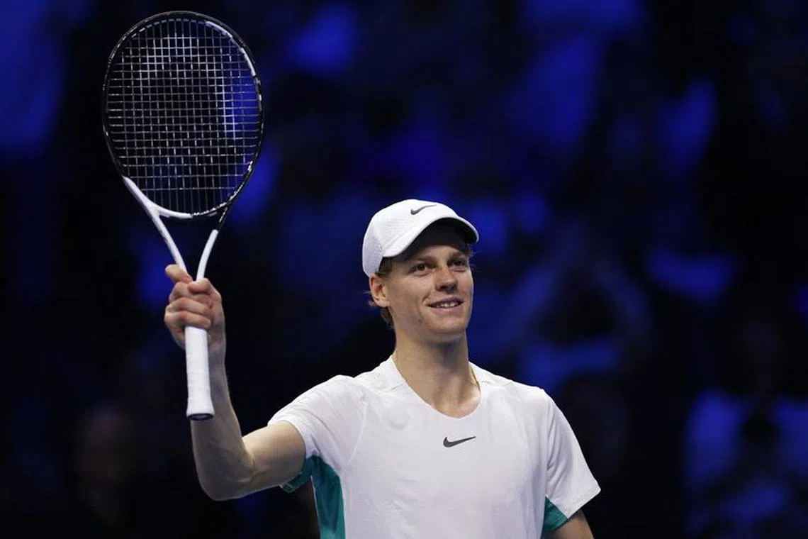 Tennis - ATP Finals - Pala Alpitour, Turin, Italy - November 12, 2023 Italy's Jannik Sinner celebrates after winning his group stage match against Greece's Stefanos Tsitsipas REUTERS/Guglielmo Mangiapane