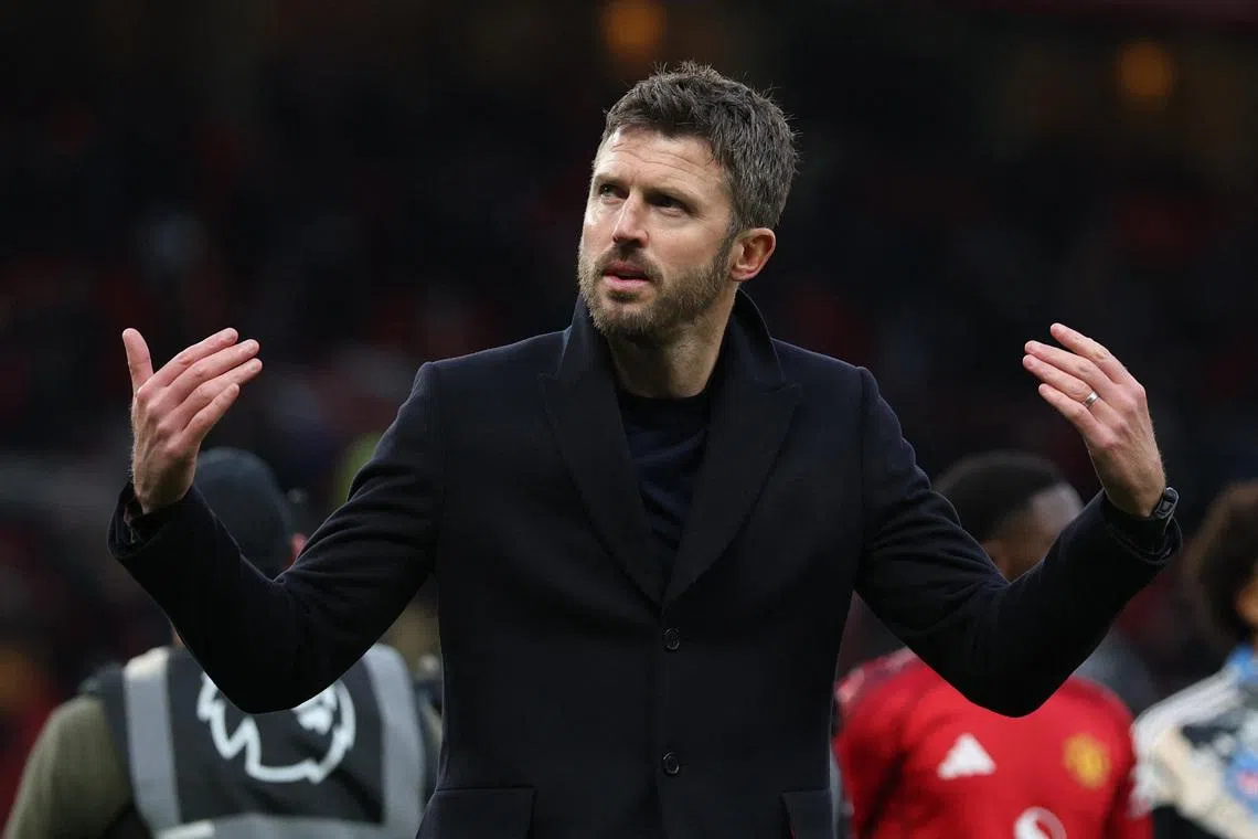 Soccer Football - Premier League - Manchester United v Fulham - Old Trafford, Manchester, Britain - February 1, 2026 Manchester United manager Michael Carrick gestures after the match REUTERS/Phil Noble