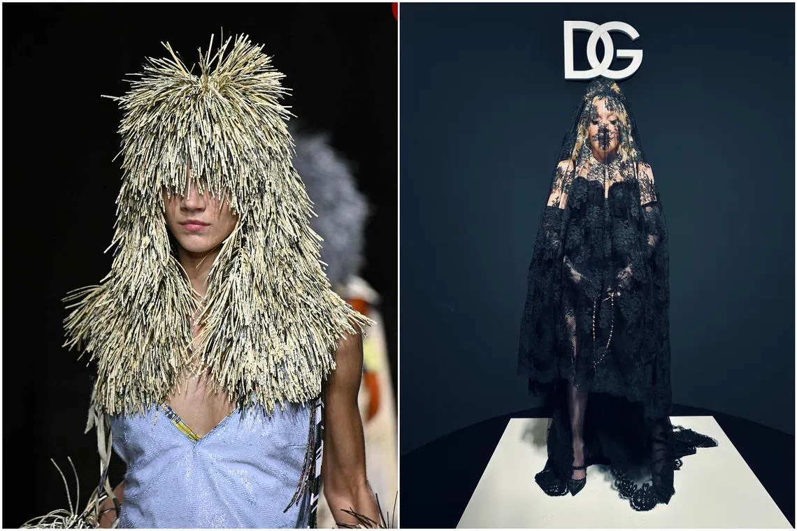 A model walks the runway during the Bottega Veneta collection show (left), while superstar Madonna showed up at the Dolce & Gabanna show with a black lace veil.