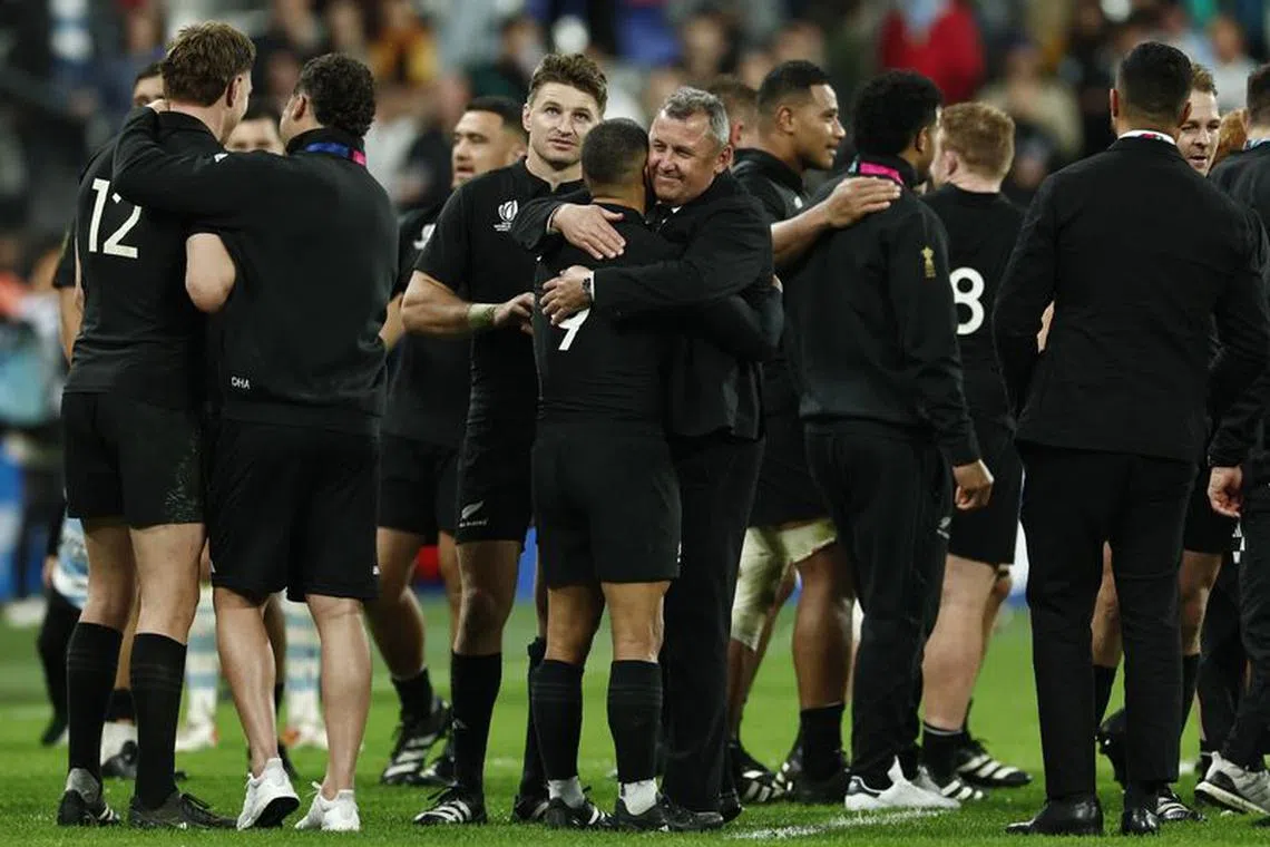 Rugby Union - Rugby World Cup 2023 - Semi Final - Argentina v New Zealand - Stade de France, Saint-Denis, France - October 20, 2023 New Zealand head coach Ian Foster celebrates with Aaron Smith after the match as New Zealand reach the final REUTERS/Gonzalo Fuentes/File Photo