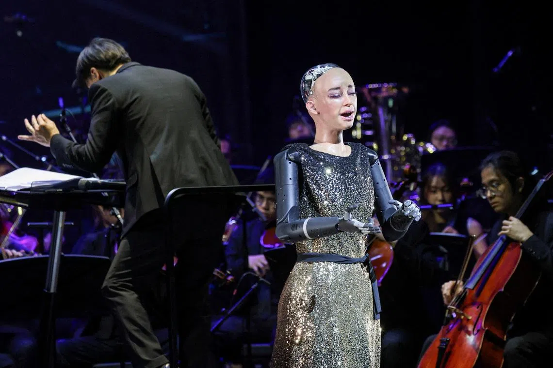 Humanoid robot Sophia performing during a rehearsal with the Hong Kong Baptist University Symphony Orchestra ahead of its 2026 Annual Gala Concert, in Hong Kong, China, April 29.