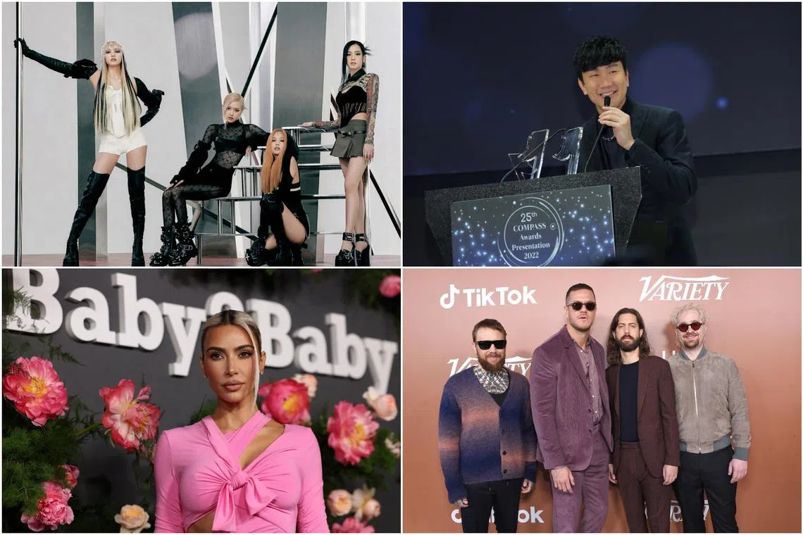 (Clockwise from top left) Blackpink, Mandopop star JJ Lin, American pop-rock band Imagine Dragons and Kim Kardashian.