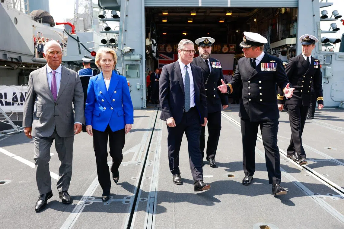 (From left) European Council president Antonio Costa, European Commission president Ursula von der Leyen and British PM Keir Starmer touring HMS Sutherland, a British frigate, in London on May 19.