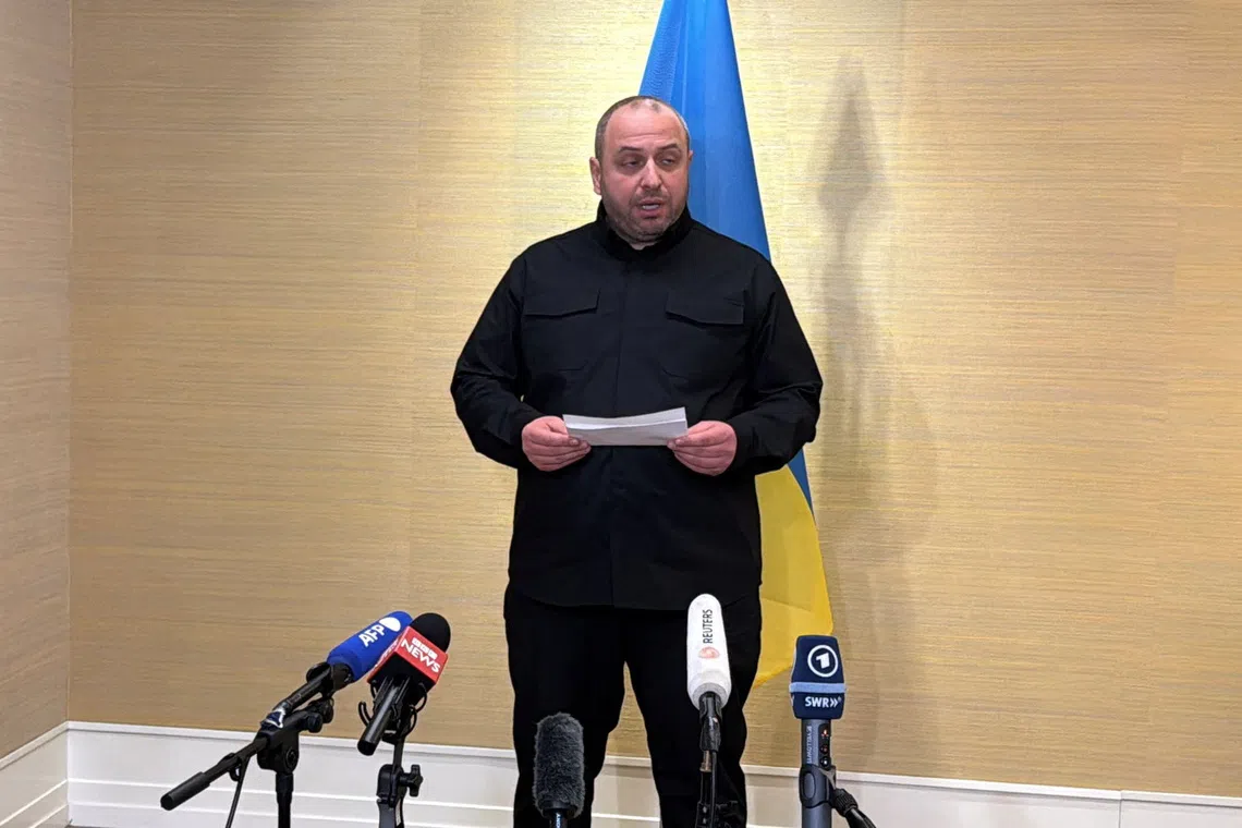 Secretary of the National Security and Defence Council of Ukraine Rustem Umerov speaks to members of the media in Geneva, Switzerland, February 18, 2026. Picture taken with a mobile phone. REUTERS/Cecile Mantovani