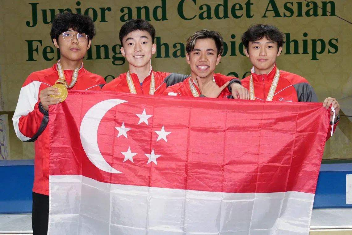 Singapore's U-17 men's foil fencing team of (from left) Loo Keyon, Du Yun Tao, Samuel Robson and Sean Ho claimed a historic gold medal at the Asian Junior and Cadet Fencing Championship on Sunday.