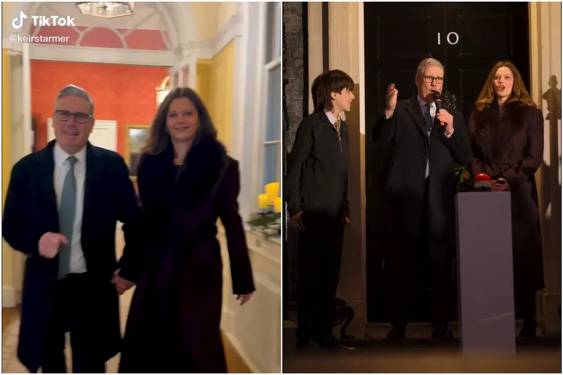 Britain's Prime Minister Keir Starmer  and his wife in a TikTok video attending the Downing Street Christmas lights switch-on ceremony.