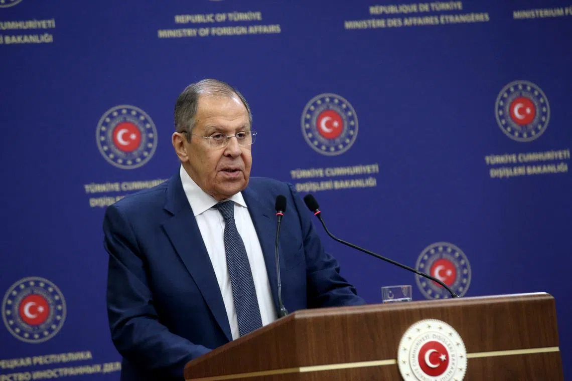 Russian Foreign Minister Sergei Lavrov holds a press conference with his Turkish counterpart Hakan Fidan (not pictured) in Ankara, Turkey, February 24, 2025. REUTERS/Cagla Gurdogan/File Photo