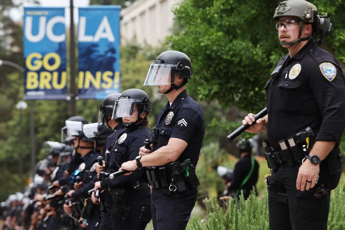 LAPD officers keep watch after they cleared a new encampment of pro-Palestinian protestors on the UCLA campus on May 23.
