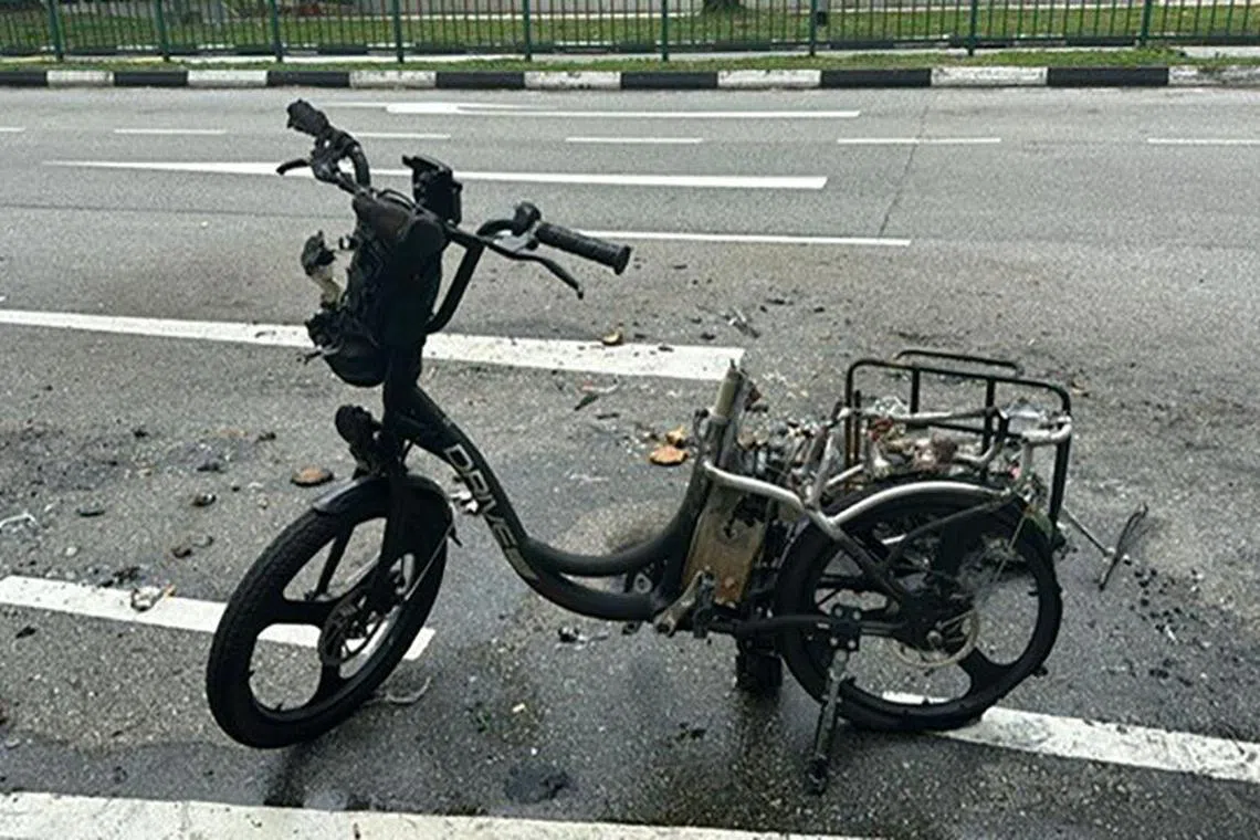 yfebike22 - The charred remains of a power-assisted bicycle that was fitted with an incompatible battery allegedly sold by Mr Prince Bryan Tan, the sales and marketing manager of Drive Bikes Singapore. The battery caught fire while the customer was riding the e-bike along Hougang Avenue 5 on April 27, 2024.


Credit: Land Transport Authority
