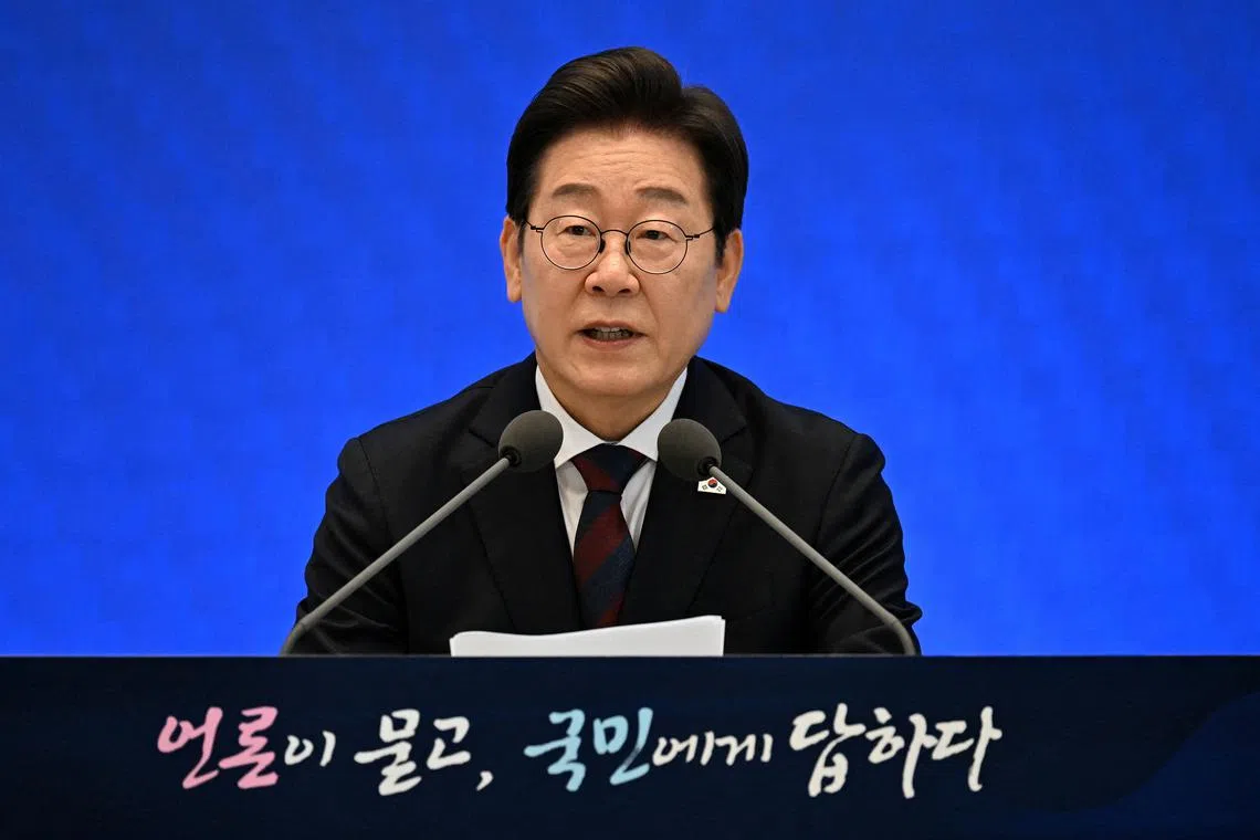 FILE PHOTO: South Korean President Lee Jae Myung delivers a speech during a press conference to mark his first 30 days in office at Yeongbingwan of Blue House on July 3, 2025 in Seoul, South Korea. Kim Min-Hee/Pool via REUTERS/File Photo