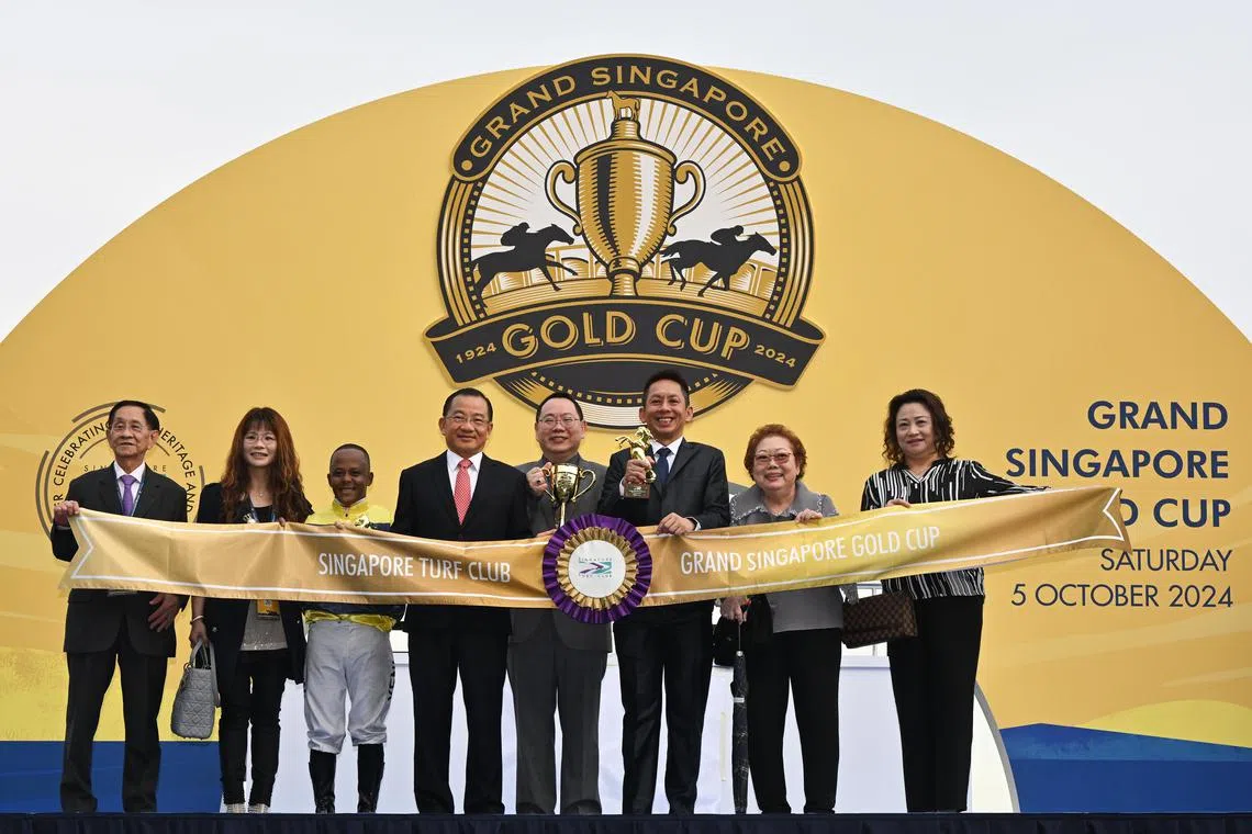 Winner during Grand SGC prize presentation at Singapore Turf Club on Oct 5, 2024.