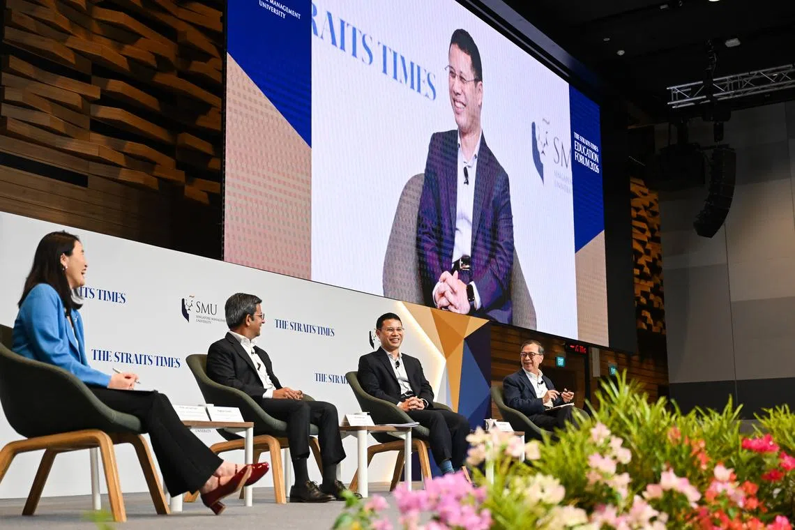 (From left) Moderator Professor Lim Sun Sun, OpenAI's head of education for Asia-Pacific Raghav Gupta, Education Minister Desmond Lee and SMU Provost Alan Chan at the ST Education Forum 2026 held at SMU on April 1.