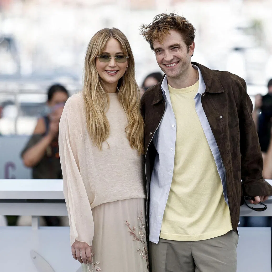 Cast members Jennifer Lawrence and Robert Pattinson pose during a photocall for the film Die, My Love in competition at the 78th Cannes Film Festival in Cannes, France, on May 18.