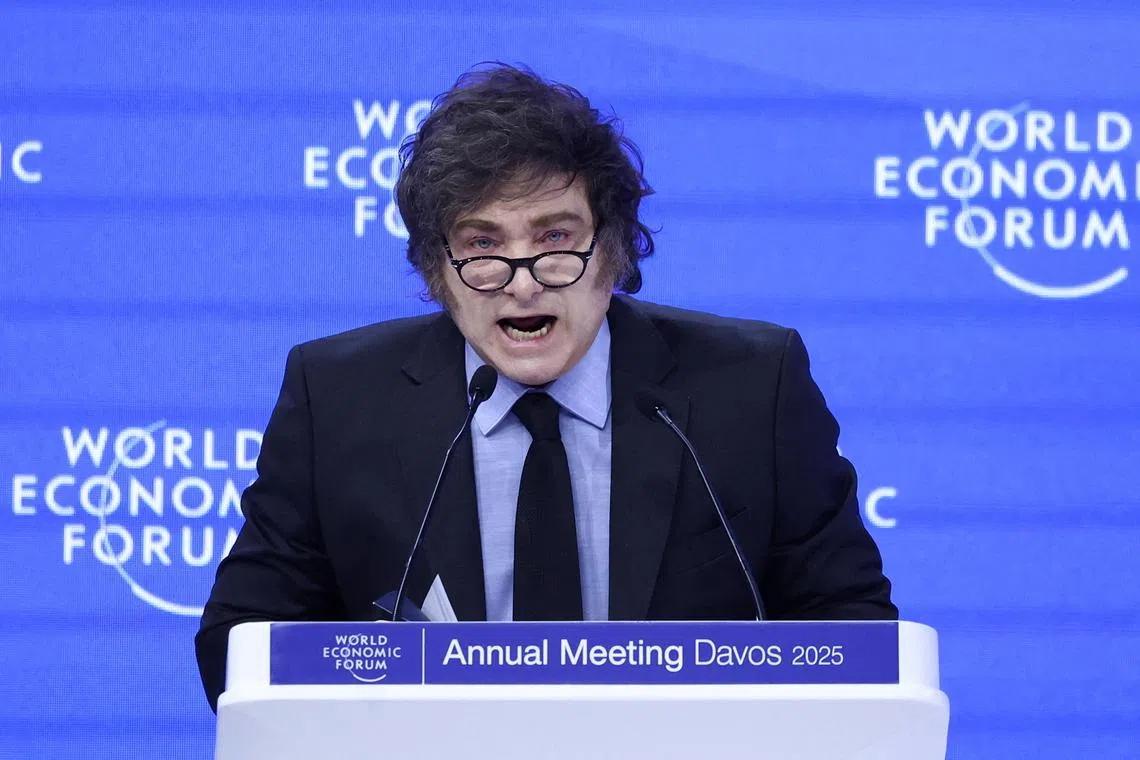 FILE PHOTO: Argentina's President Javier Milei makes a special address during the 55th annual World Economic Forum (WEF) meeting in Davos, Switzerland, January 23, 2025. REUTERS/Yves Herman/File Photo
