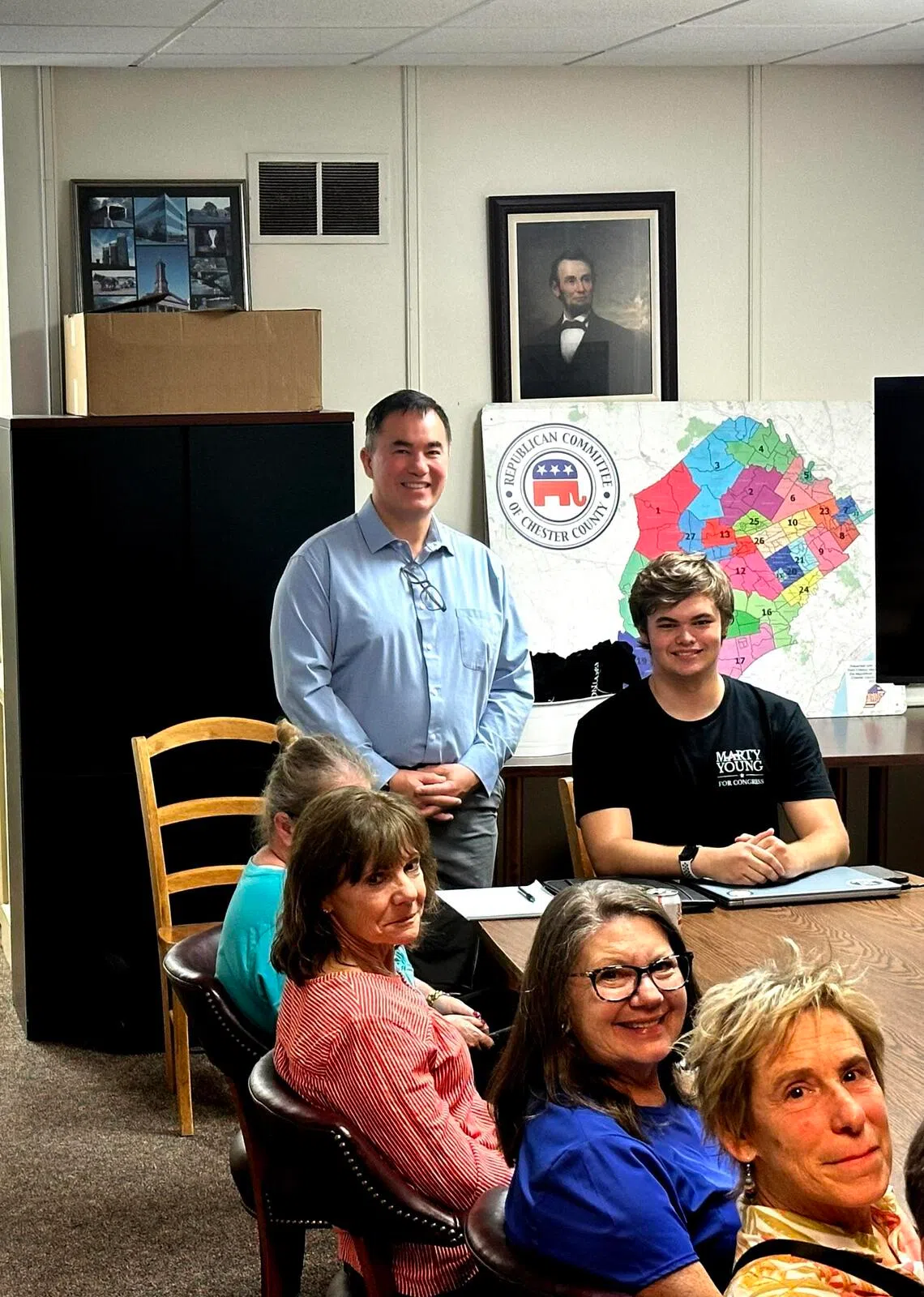 Mr Martin Young, the Republican Party nominee Pennsylvania’s 6th congressional district, meets supporters at the Republican Party office on July 30.