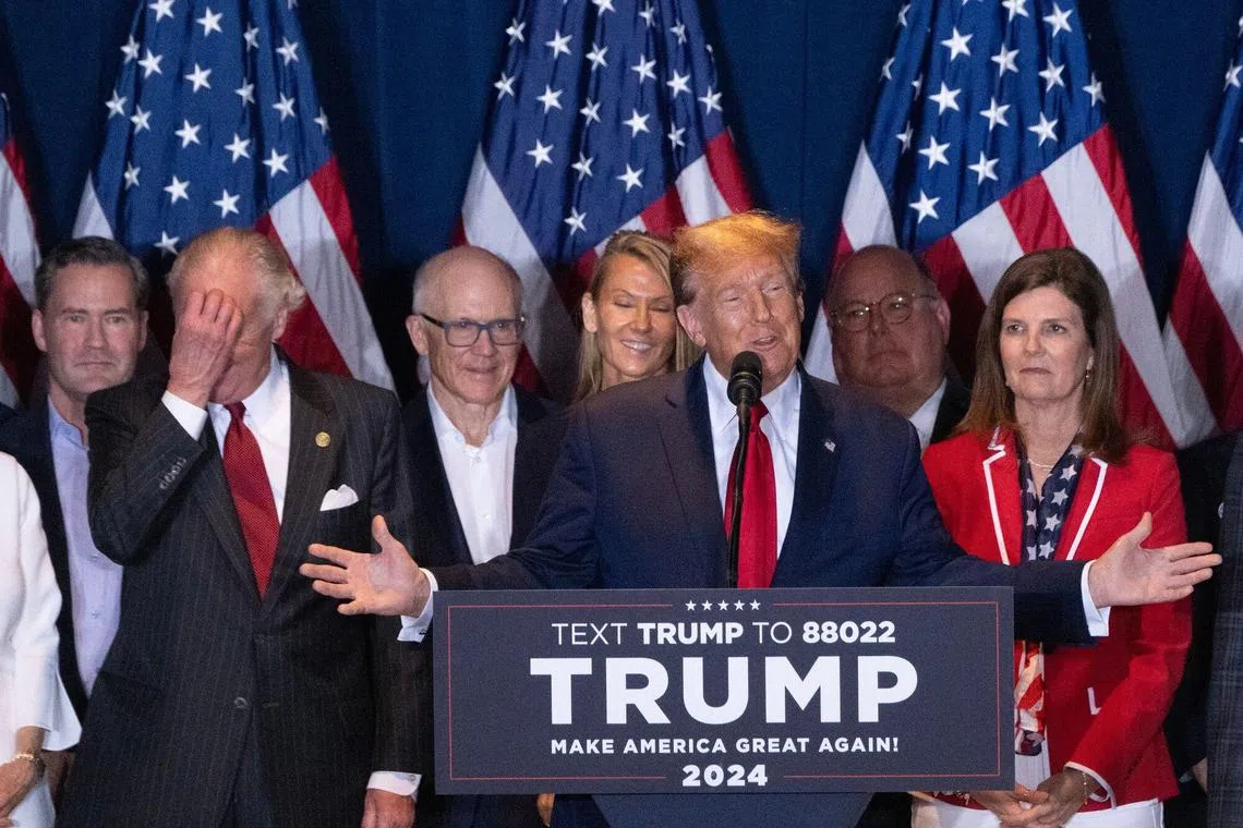 Former US President Donald Trump speaks during an election night watch party at the South Carolina State Fairgrounds in Columbia, South Carolina on Feb 24, 2024.