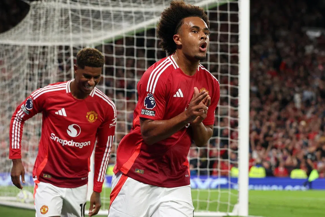 Manchester United's Joshua Zirkzee celebrates with Marcus Rashford after scoring in the 1-0 Premier League win over Fulham.