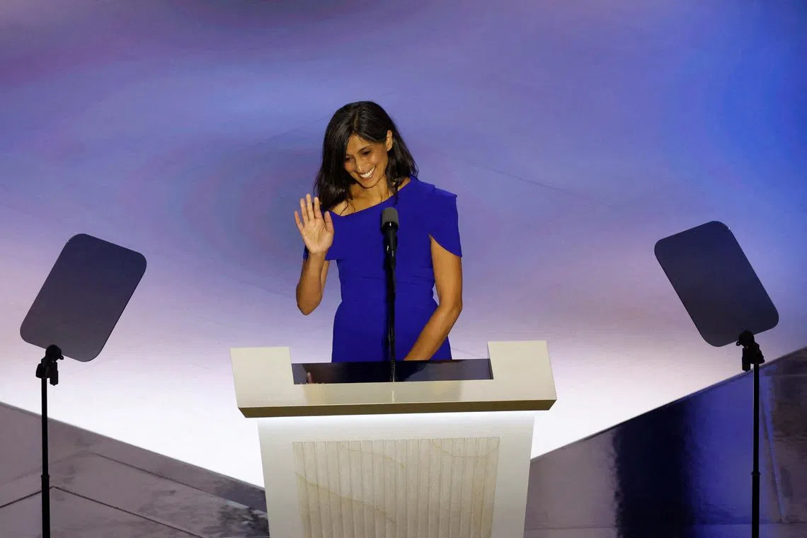 Usha Chilukuri Vance, wife of Vice Presidential Nominee Senator J.D. Vance (R-OH), speaks on Day 3 of the Republican National Convention (RNC), at the Fiserv Forum in Milwaukee, Wisconsin, U.S., July 17, 2024. REUTERS/Marco Bello