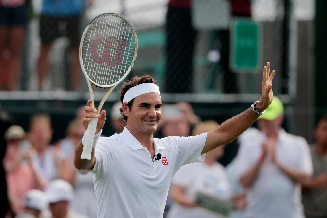 Roger Federer reacts during the celebrity pro classic in Newport, Rhode Island, US.