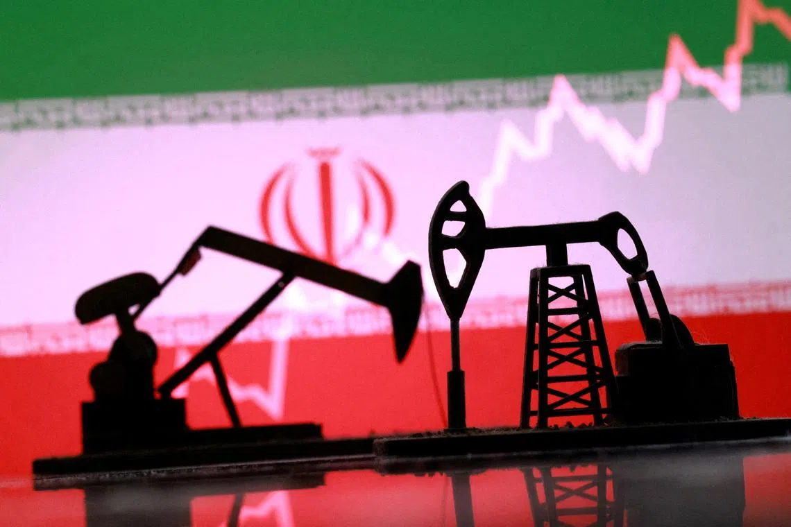 FILE PHOTO: 3D-printed oil pump jacks, Iranian flag, and a rising stock graph appear in this illustration taken March 2, 2026. REUTERS/Dado Ruvic/Illustration/File Photo