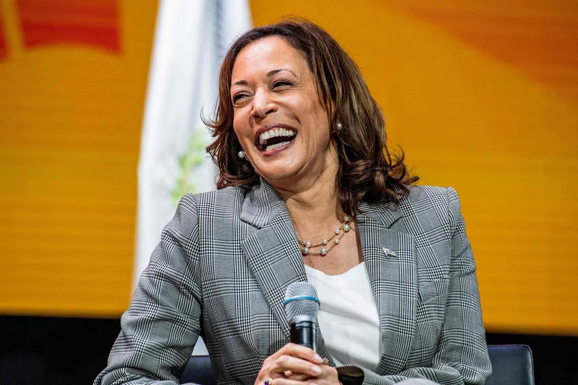US Vice-President Kamala Harris speaking during the 114th National Association for the Advancement of Colored People (NAACP) National Convention in Boston on Saturday. 