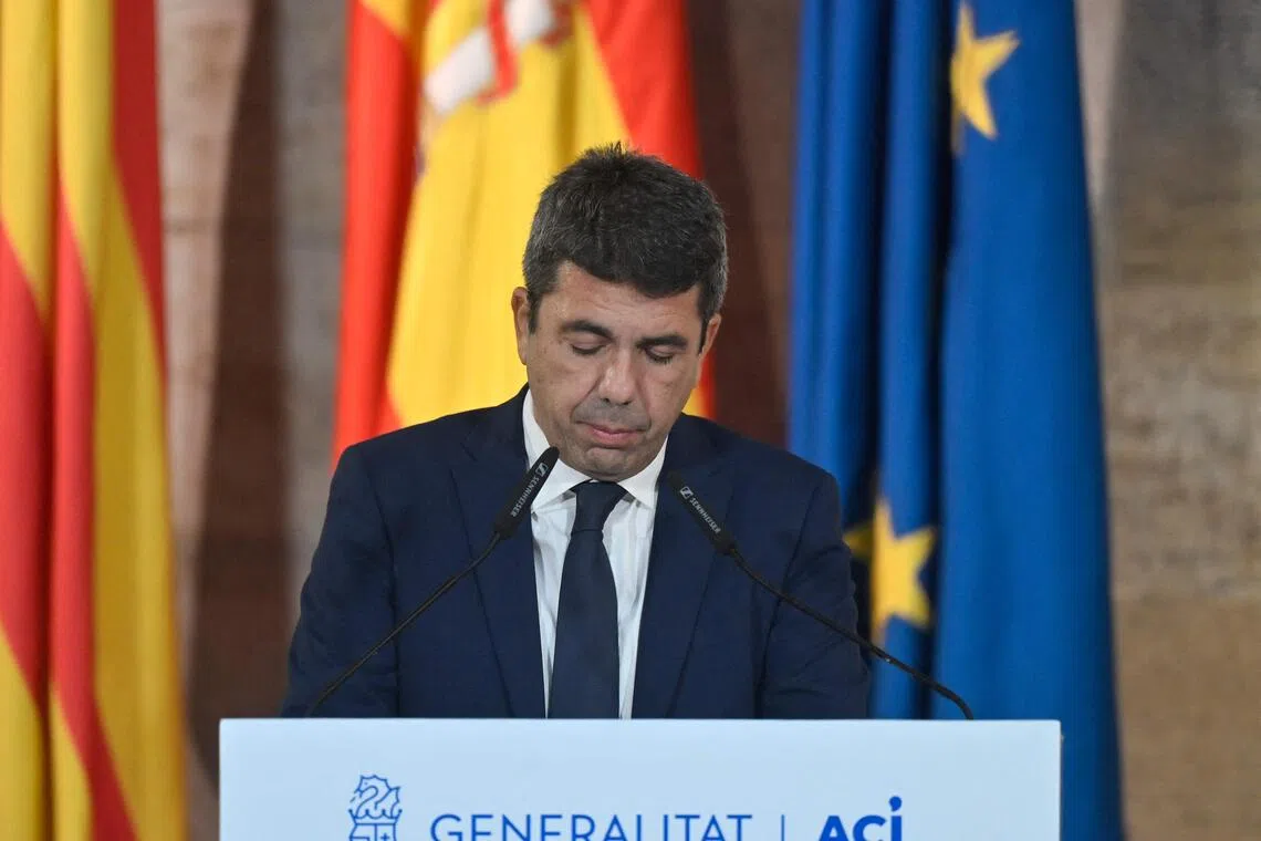 The leader of Spain's Valencia region, Mr Carlos Mazon, gives a press conference on Nov 3 to announce his resignation over flooding a year ago that left 229 people dead.