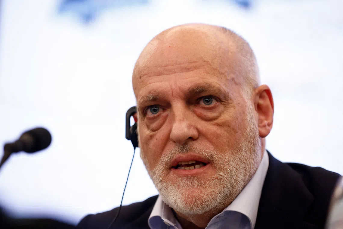 Soccer Football - European Leagues, FIFPRO Europe and LaLiga Press Conference - Brussels, Belgium - October 14, 2024 LaLiga president Javier Tebas during the press conference as the European Leagues, FIFPRO Europe and LaLiga file a complaint to EU antitrust regulators against FIFA's international match calendar REUTERS/Johanna Geron