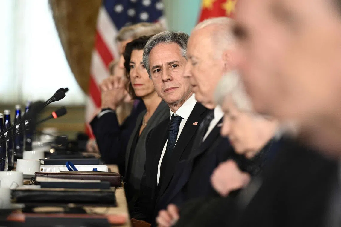US Secretary of State Antony Blinken looks on as US President Joe Biden speaks during a meeting with Chinese President Xi Jinping on Nov 15, 2023.