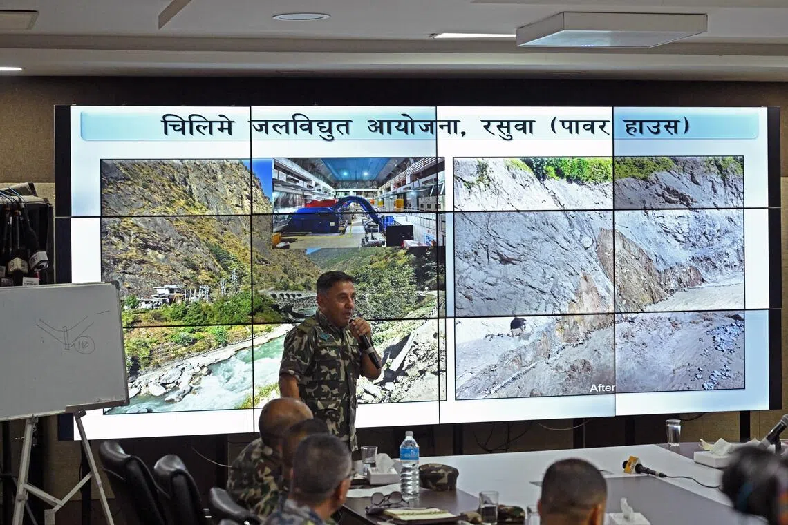 Nepali Brigadier General Subash Jung Thapa giving a briefing about the search and rescue operations being carried out in the tunnels, at a press conference by the National Disaster Risk Reduction and Management Authority on Sept 7.