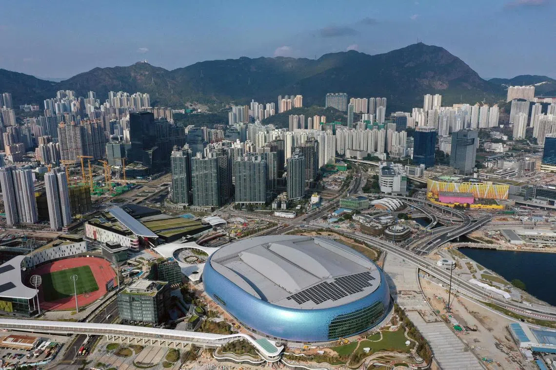 An aerial view of the Kai Tak Sports Park, a multi-purpose sports venue built at the site of the former Kai Tak Airport.