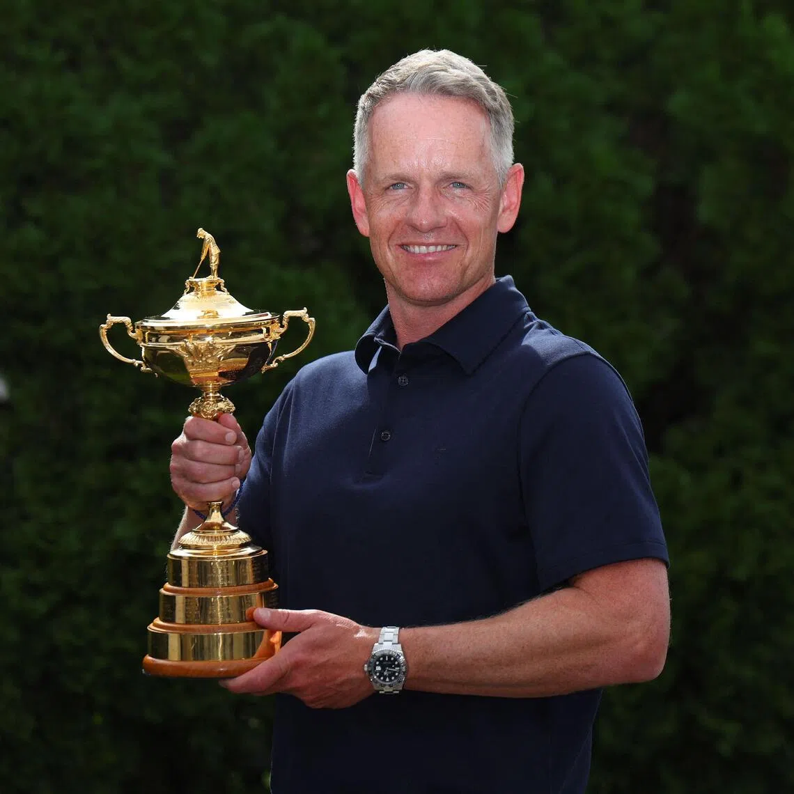 Luke Donald, European Ryder Cup captain, poses with the trophy at Garden City Hotel on Sept 29, 2025.