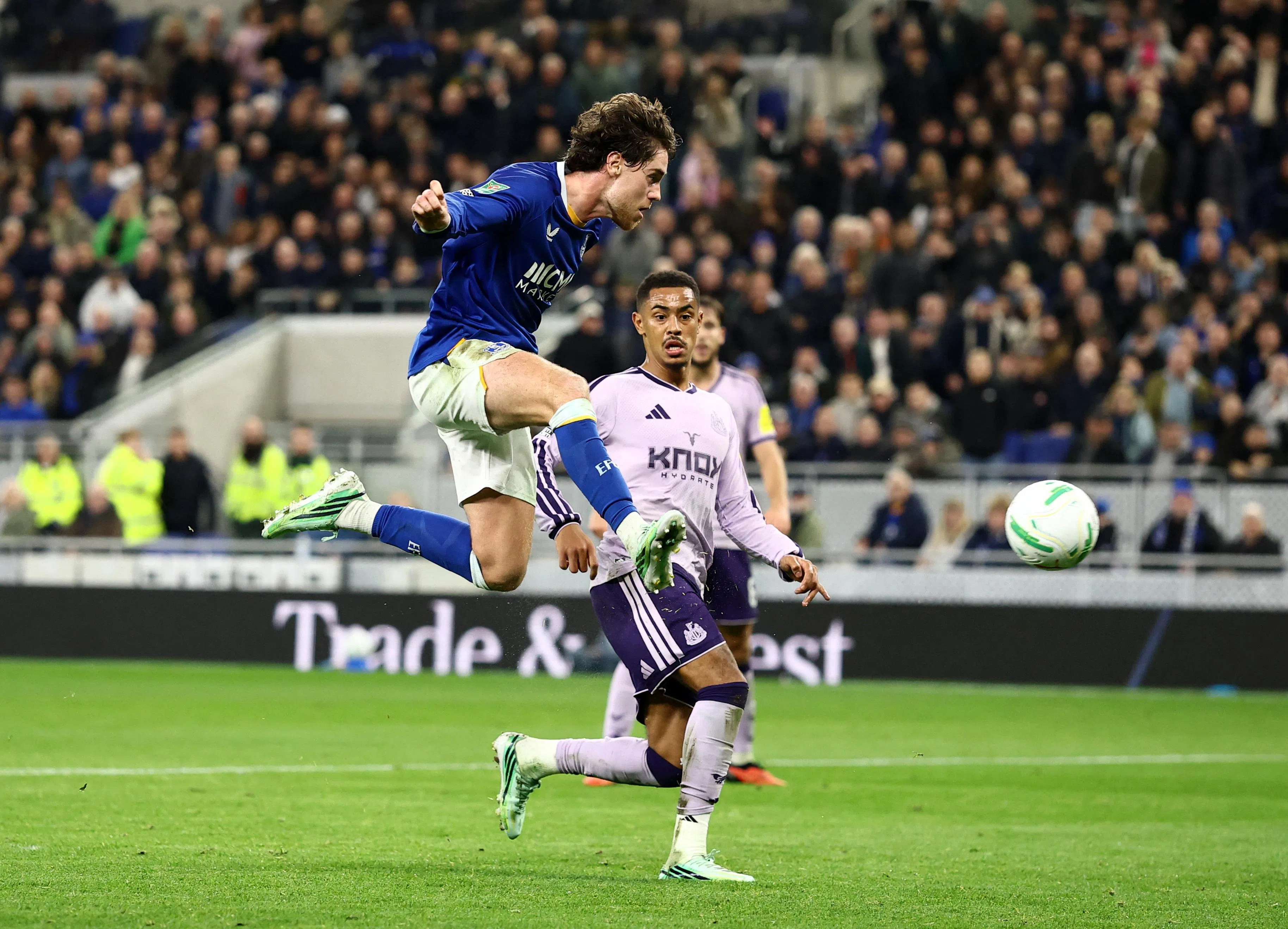 Everton’s Hayden Hackney scores their second goal.