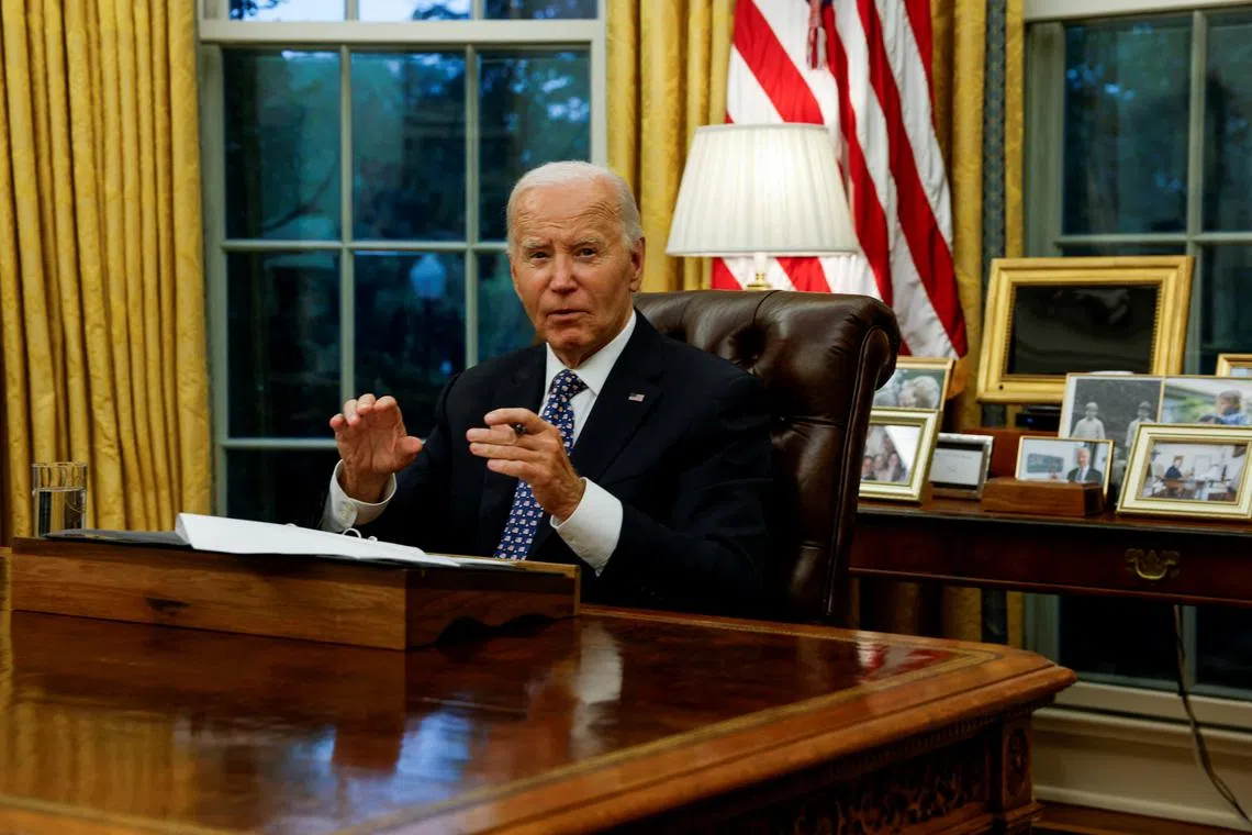 U.S. President Joe Biden provides an update on the Hurricane Helene response and recovery efforts, during remarks in the White House Oval Office in Washington, U.S., September 30, 2024. REUTERS/Evelyn Hockstein