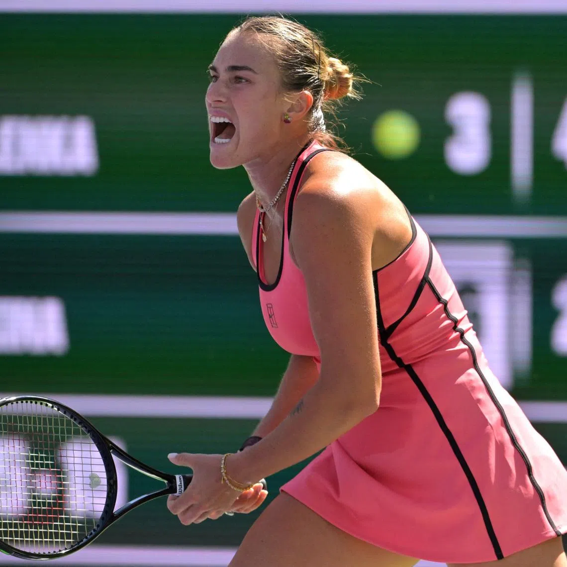 Mar 15, 2026; Indian Wells, CA, USA;  Aryna Sabalenka (BEL) reacts after a point during the womenÕs final defeating Elena Rybakina (KAZ) in the BNP Paribas Open at the Indian Wells Tennis Garden. Mandatory Credit: Jayne Kamin-Oncea-Imagn Images