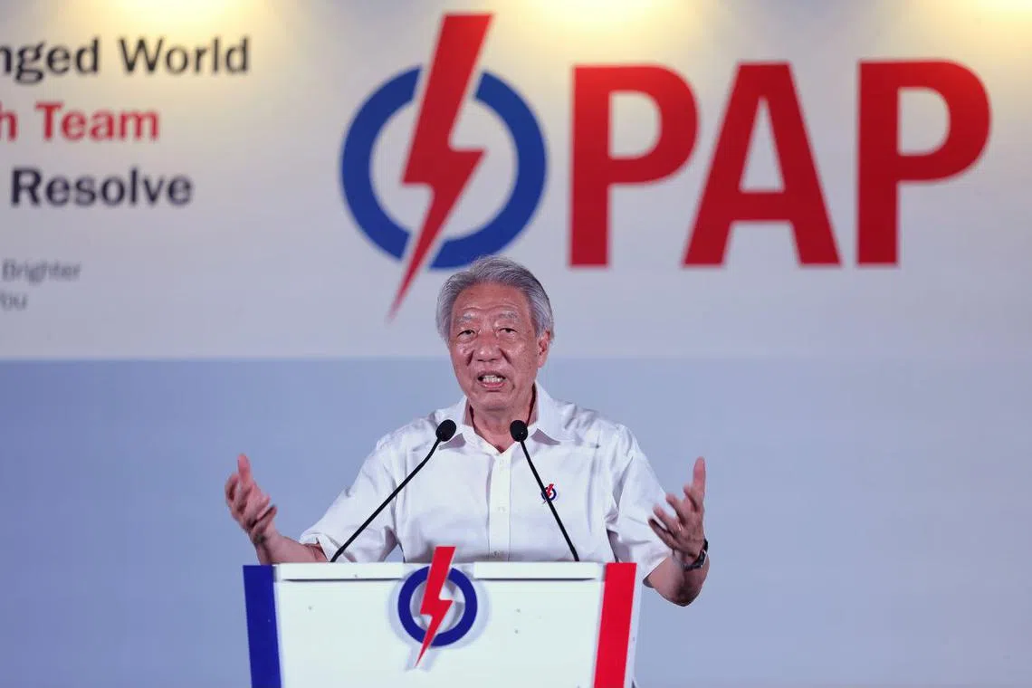 Senior Minister Teo Chee Hean speaking at a rally at Yusof Ishak Secondary School on April 26.