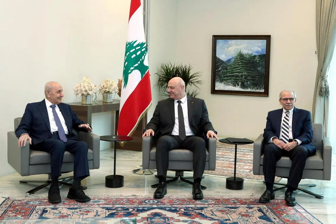 Lebanese Parliament Speaker Nabih Berri, President Joseph Aoun and Prime Minister-designate Nawaf Salam meet at the Presidential Palace in Baabda, Lebanon, in this handout released on February 6, 2025. Lebanese Presidency Press Office/Handout via REUTERS