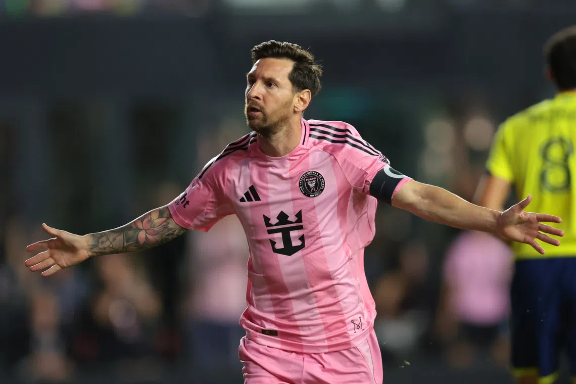 Nov 8, 2025; Fort Lauderdale, Florida, USA; Inter Miami CF forward Lionel Messi (10) celebrates after scoring against Nashville SC during the first half at Chase Stadium. Mandatory Credit: Sam Navarro-Imagn Images