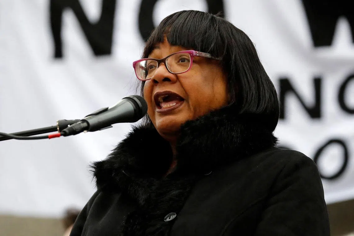 (FILES) In this file photo taken on January 11, 2020 Britain's main opposition Labour Party shadow Home Secretary Dianne Abbott addresses a demonstration against the threat of war on Iran, in Trafalgar Square, central London. - The UK's main opposition Labour party suspended prominent member Diane Abbott as an MP on Sunday, April 23, pending an investigation into comments she made that Jewish people were not subject to racism "all their lives". (Photo by Tolga AKMEN / AFP)