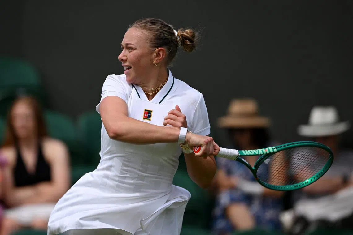 Tennis - Wimbledon - All England Lawn Tennis and Croquet Club, London, Britain - June 30, 2026 Amanda Anisimova of the U.S. in action during her first round match against North Macedonia's Lina Gjorcheska REUTERS/Jaimi Joy