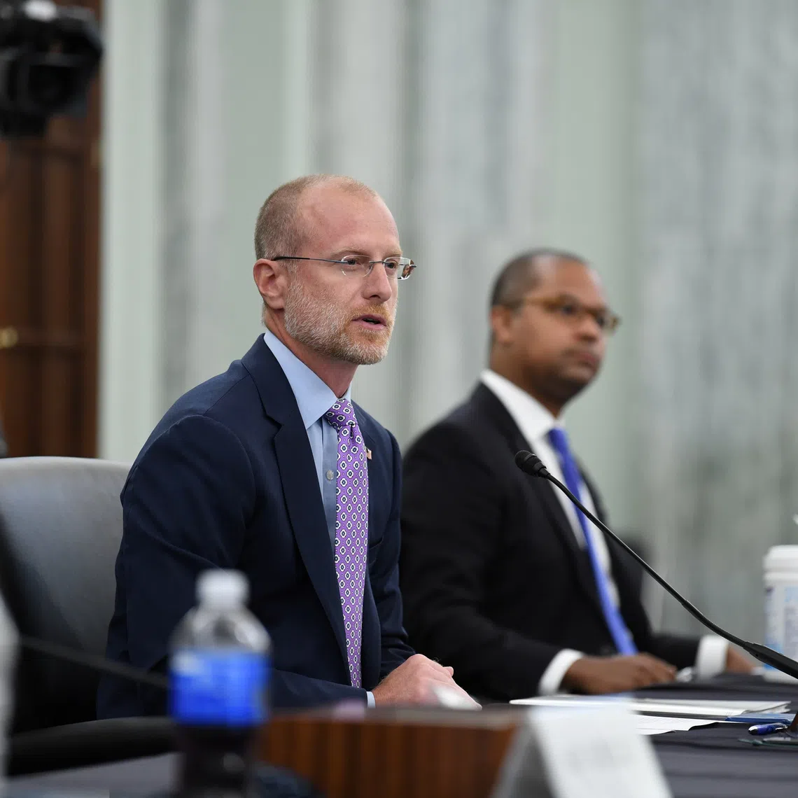 Brendan Carr answers questions during an oversight hearing held by the US Senate Commerce, Science, and Transportation Committee for the Federal Communications Commission, in Washington, in 2020.