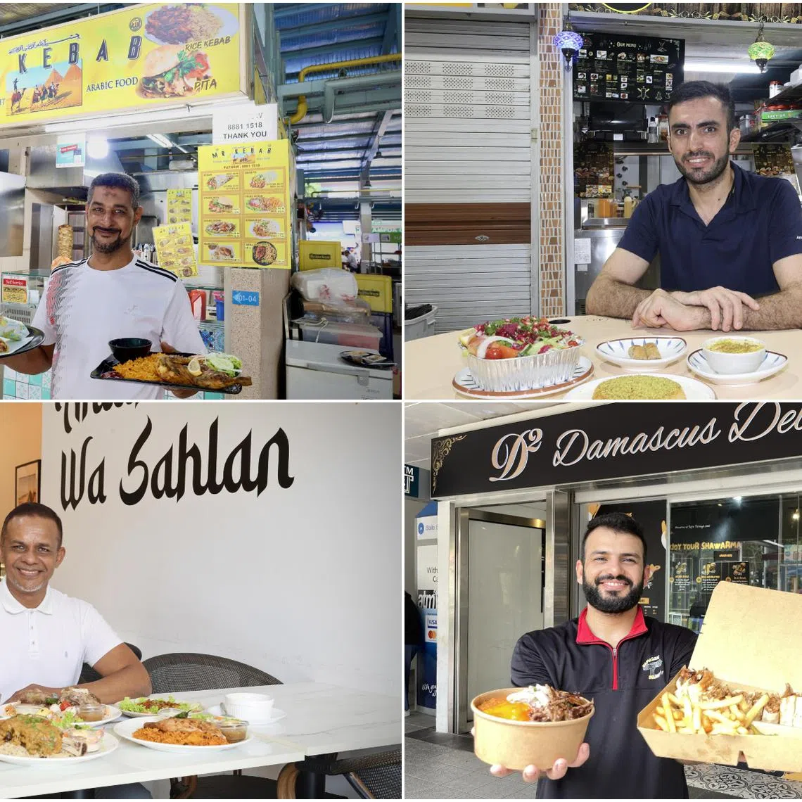 (Clockwise from top left) Mr Wael Ibrahim Ahmed Sonkor from Mr Kebab, Mr Fatih Karakas of Gaziantep Delight, Mr Abdulhadi Al Saadi of Damascus Delights, and Mr Alwee Bakhamis of Hadramawt Kitchen.