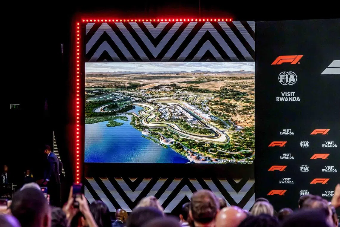 The proposed Formula 1 circuit in Rwanda displayed on giant screens during the announcement of the race in Kigali on Oct 13.