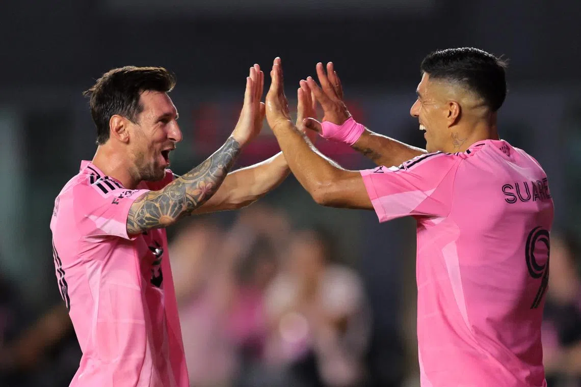 FILE PHOTO: Aug 16, 2025; Fort Lauderdale, Florida, USA; Inter Miami CF forward Luis Suarez (9) celebrates with forward Lionel Messi (10) after scoring a goal against Los Angeles Galaxy during the second half at Chase Stadium. Mandatory Credit: Sam Navarro-Imagn Images/ File Photo