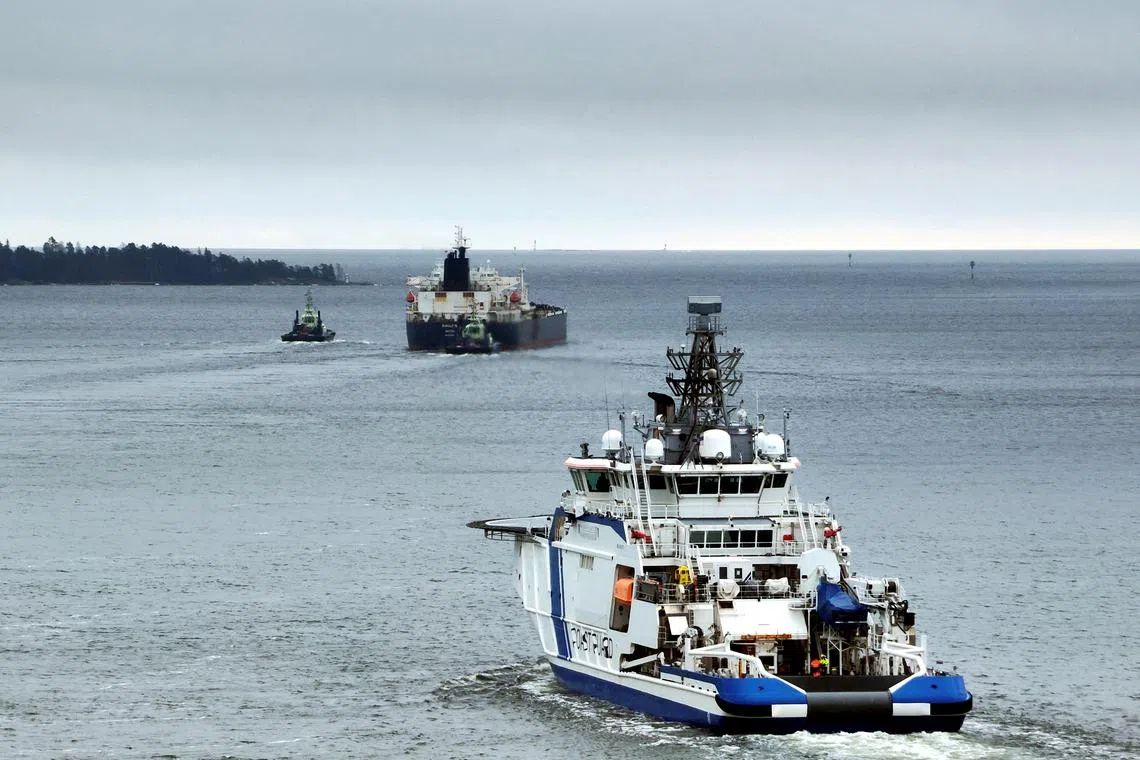 FILE PHOTO: Finnish Border Guard's ship Turva escorts Cook Islands-registered oil tanker Eagle S out to sea on the Baltic, March 2, 2025 near Porvoo, Finland in handout picture released by the Finnish Border Guard. Lehtikuva/Finnish Border Guard/Handout via REUTERS/File Photo