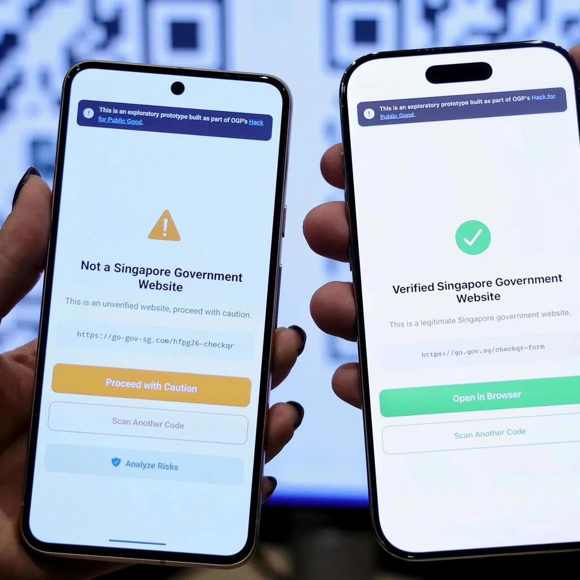 he CheckQR app can scan a QR code to validate that it is from a genuine government website, and will alert users if the site is a spoof.