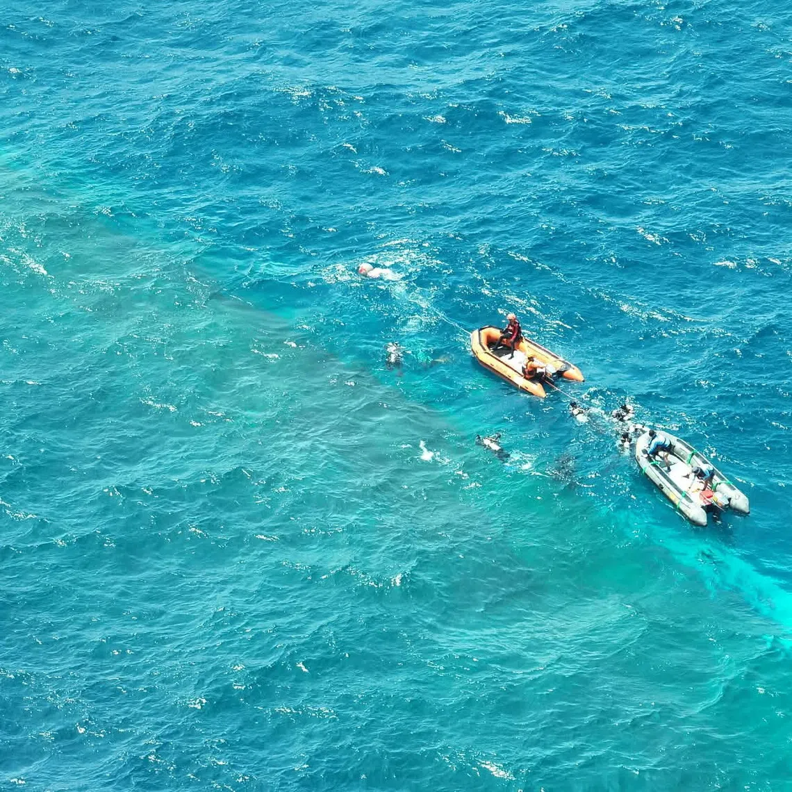 Rescue members and navy personnel dive to recover victims of the Virgo Transport 8 ferry on Sept 23.