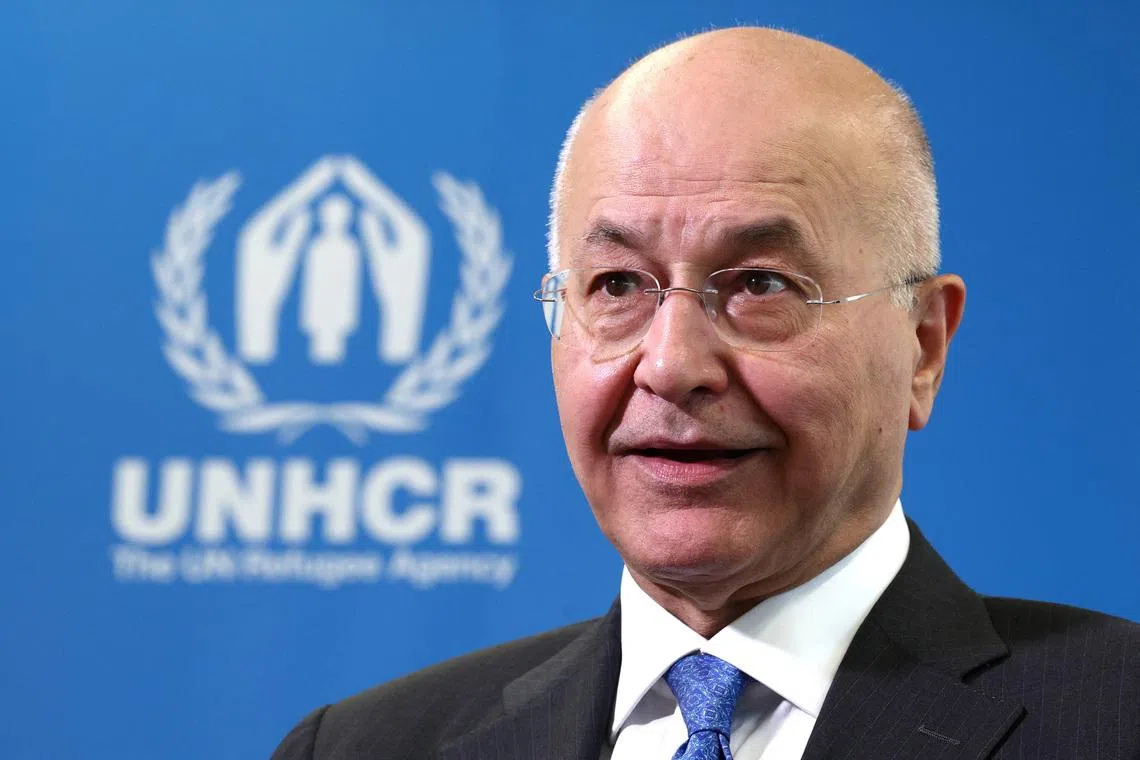 United Nations High Commissioner for Refugees Barham Salih speaks during an interview with Reuters in Brussels, Belgium March 25, 2026.  REUTERS/Yves Herman