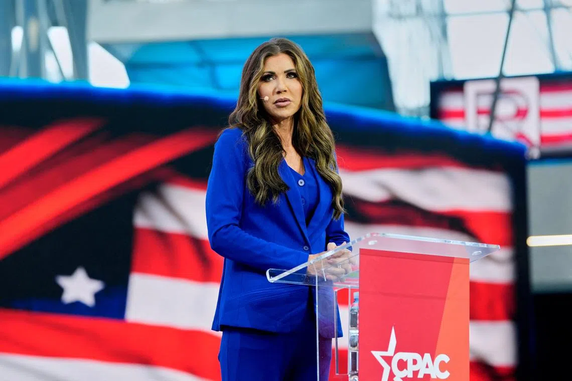 FILE PHOTO: U.S. Homeland Security Secretary Kristi Noem speaks at the Conservative Political Action Conference, CPAC, in Jasionka, Poland, May 27, 2025.   Alex Brandon/Pool via REUTERS/File Photo