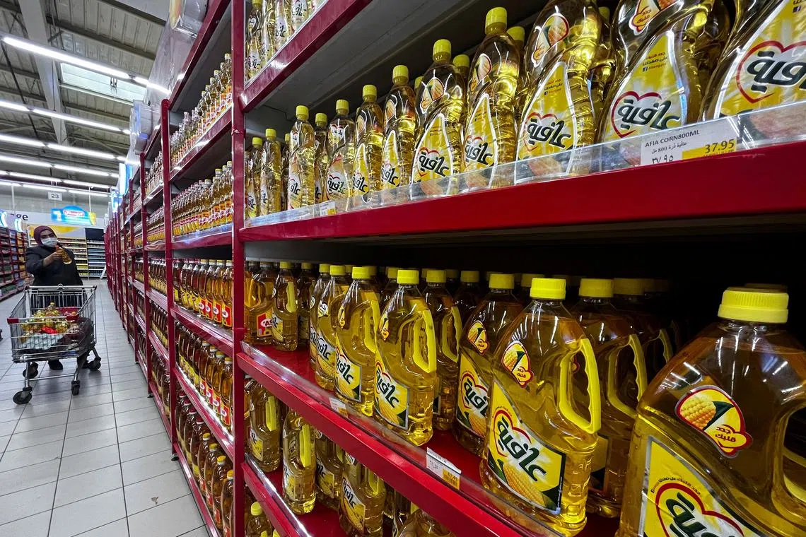 FILE PHOTO: A woman shops in an aisle with vegetable oil at Carrefour hypermarket in Maadi City Center, in a suburb of Cairo, Egypt March 1, 2022. REUTERS/Amr Abdallah Dalsh/File Photo