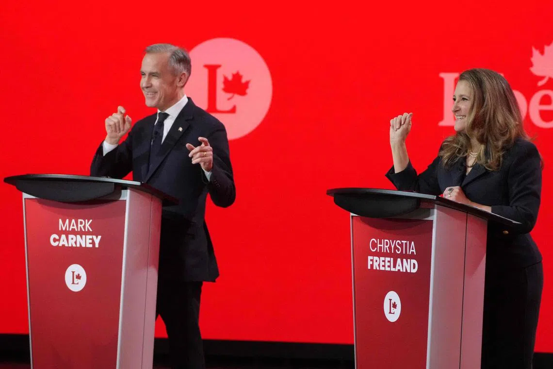 (L-R) Mr Mark Carney and Ms Chrystia Freeland during the Liberal Leadership Debate in Montreal, Canada.